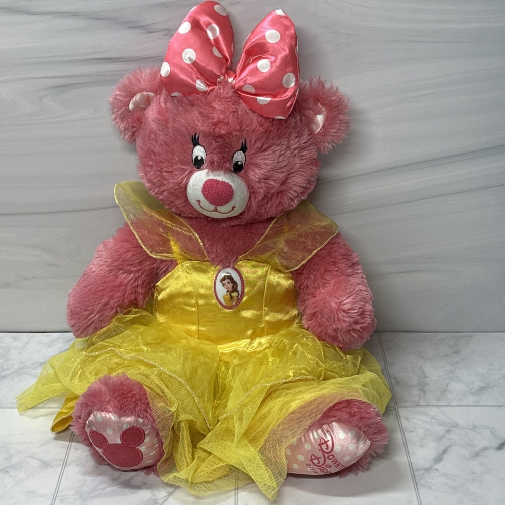 Build-A-Bear Downtown Disney Pink Bear Plush 18" W/Polka Dot Bow & Belle Dress